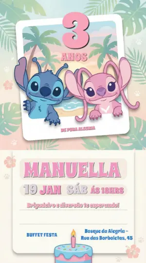 Convite de Aniversário Stitch e Angel Tropical para Editar