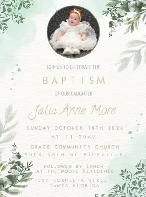 Elegant Greenery Baptism Invitation with Photo - Editable Template