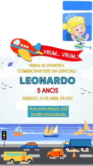 Convite Animado Aniversário Meios de Transporte para Editar Online