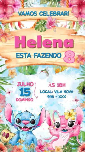 Convite de Aniversário Stitch e Angel Tropical para Editar