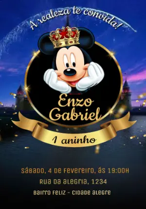 Convite Aniversário Mickey Realeza para Editar Online