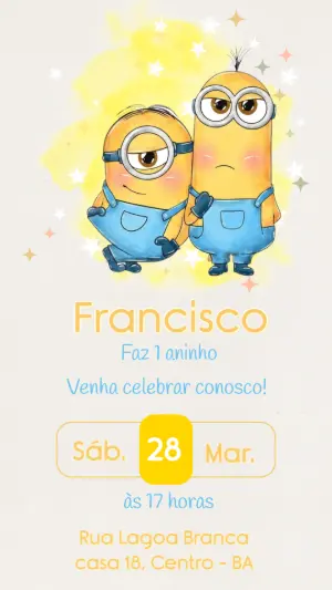 Convite de Aniversário Minions Aquarela para Editar