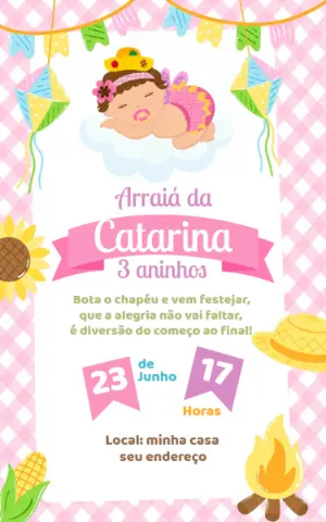Convite Digital Arraiá Infantil Menina Fofo para Editar