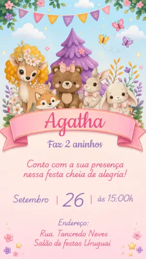 Convite Aniversário Bosque Encantado Menina Editável
