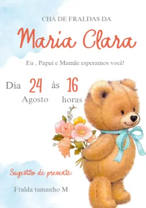 Convite Chá de Fraldas Ursinha com Flores para Editar Online