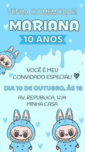 Convite de Aniversário Labubu Azul Editável Online
