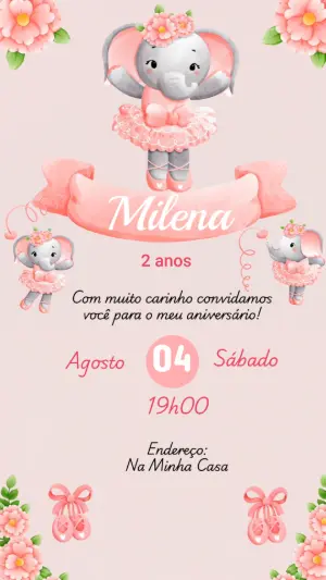 Convite Animado Aniversário Elefantinha Bailarina para Editar