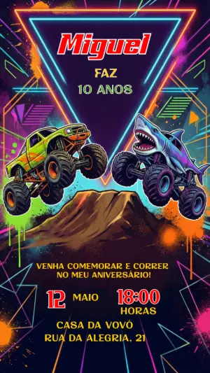 Convite de Aniversário Monster Truck Neon para Editar