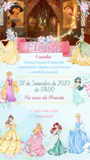 Convite Animado Aniversário Princesas Disney para Editar Online