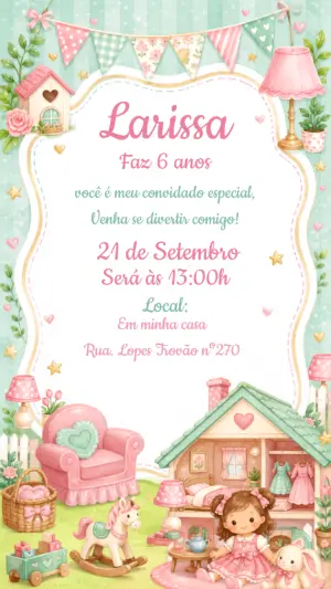 Convite Aniversário Casa de Bonecas Editável