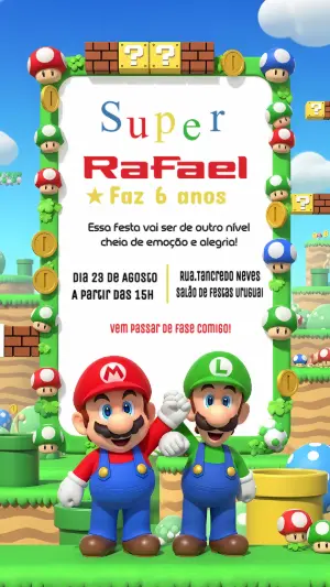 Convite Aniversário Super Mario e Luigi para Editar Online