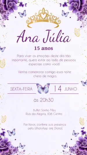 Convite de 15 Anos Lilás com Borboletas e Coroa Editável