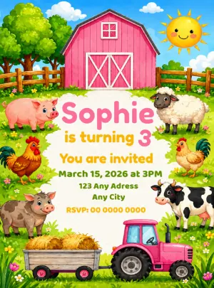 Pink Farm Animals Birthday Invitation Editable Template