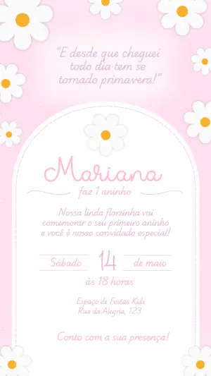 Convite Aniversário 1 Ano Margaridas Rosa Modelo Editável