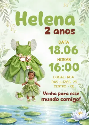 Vire a Princesa Tiana: Convite com Foto IA Editável