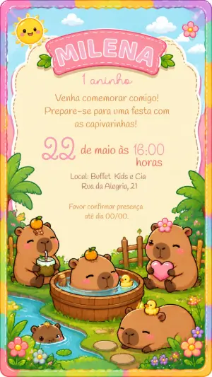 Convite de Aniversário Capivara Fofa | Modelo Digital Editável