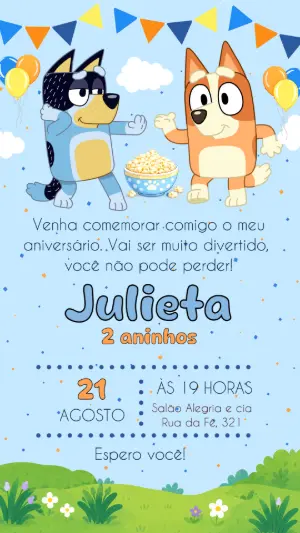 Convite Digital Aniversário Infantil Tema Bluey Editável