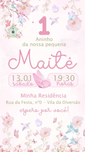 Convite Digital 1 Aninho Tema Jardim Encantado para Editar