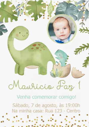 Convite Aniversário Dinossauro Baby com Foto para Editar Online