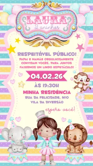 Convite de Aniversário Circo Rosa Menina Editável