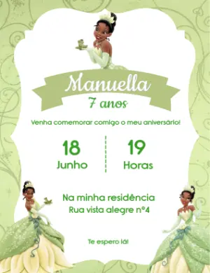 Convite Aniversário Princesa e o Sapo para Editar Online