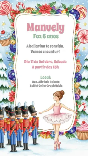 Convite Aniversário Bailarina Quebra-Nozes para Editar Online