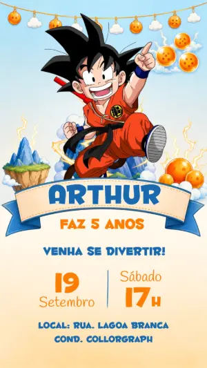 Convite de Aniversário Dragon Ball Editável com Goku Infantil
