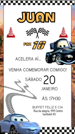 Convite Digital Aniversário Infantil Tema Carros para Editar