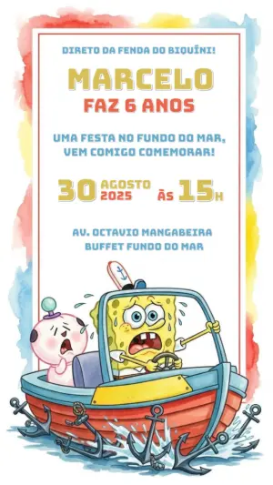 Convite de Aniversário Bob Esponja para Editar Online