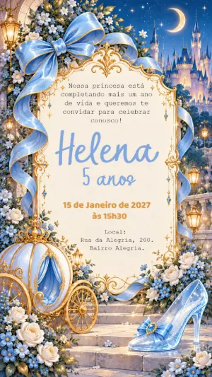 Convite de Aniversário Cinderela Princesa Modelo Editável