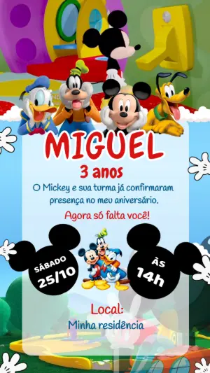 Convite Animado Aniversário Casa do Mickey para Editar Online