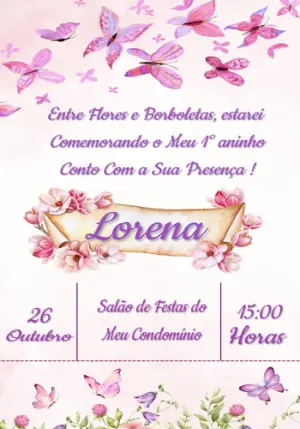 Convite Aniversário Borboletas e Flores para Editar Online