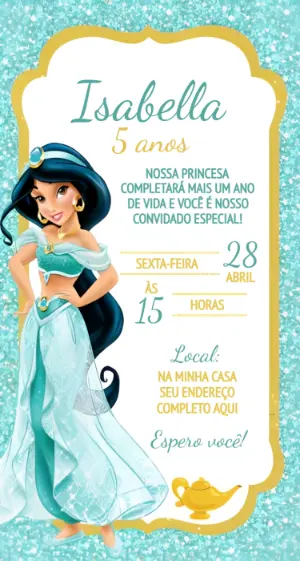 Convite de Aniversário Princesa Jasmine Glitter para Editar