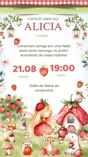 Convite Aniversário Moranguinho e Fadinha para Editar Online
