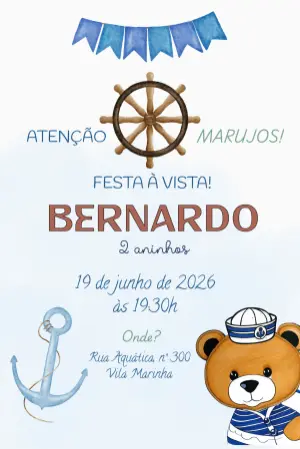 Convite Digital Aniversário Ursinho Marinheiro Editável