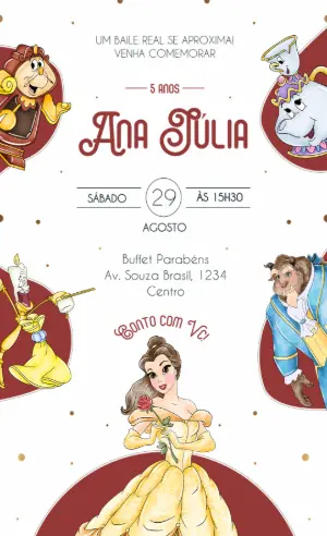 Convite de Aniversário A Bela e a Fera Aquarela Editável