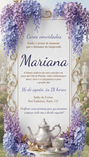 Convite Chá de Panela Bridgerton com Flores Lilás Editável