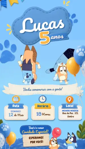 Convite Animado Bluey: Vídeo de Aniversário Infantil para Editar