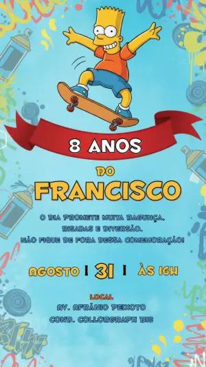 Convite de Aniversário Bart Simpson Graffiti para Editar