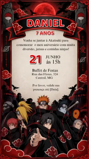 Convite de Aniversário Naruto Akatsuki Editável para Enviar