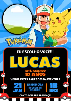 Convite de Aniversário Pokémon com Ash e Pikachu para editar