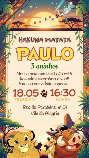 Convite de Aniversário Rei Leão Hakuna Matata Editável