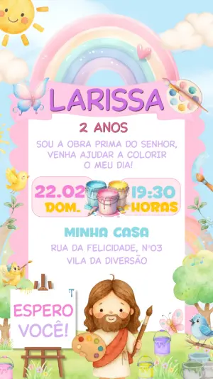 Convite de Aniversário Infantil Jesus Pintor Aquarela Editável