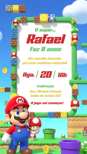 Convite Aniversário Super Mario com Personagens para Editar Online