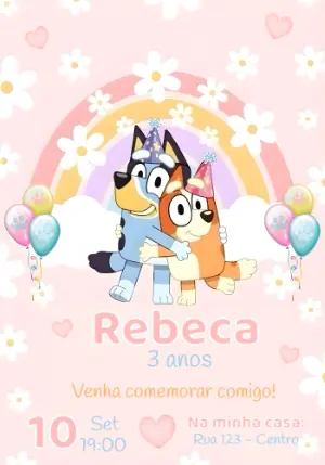 Convite Aniversário Bluey e Bingo rosa para Editar Online