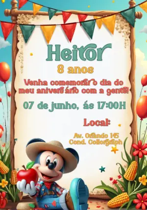 Convite de Aniversário Mickey Fazendeiro para Editar Online