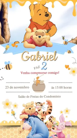 Convite Animado Aniversário Ursinho Pooh para Editar Online
