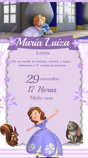Convite Animado Princesinha Sofia Lilás para Editar