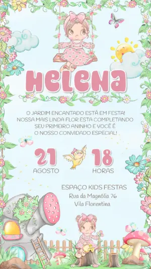 Convite Aniversário Jardim Encantado com Menina para Editar