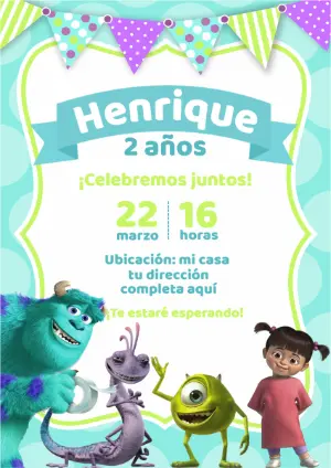 Invitación de Cumpleaños Monsters Inc. para Editar Online